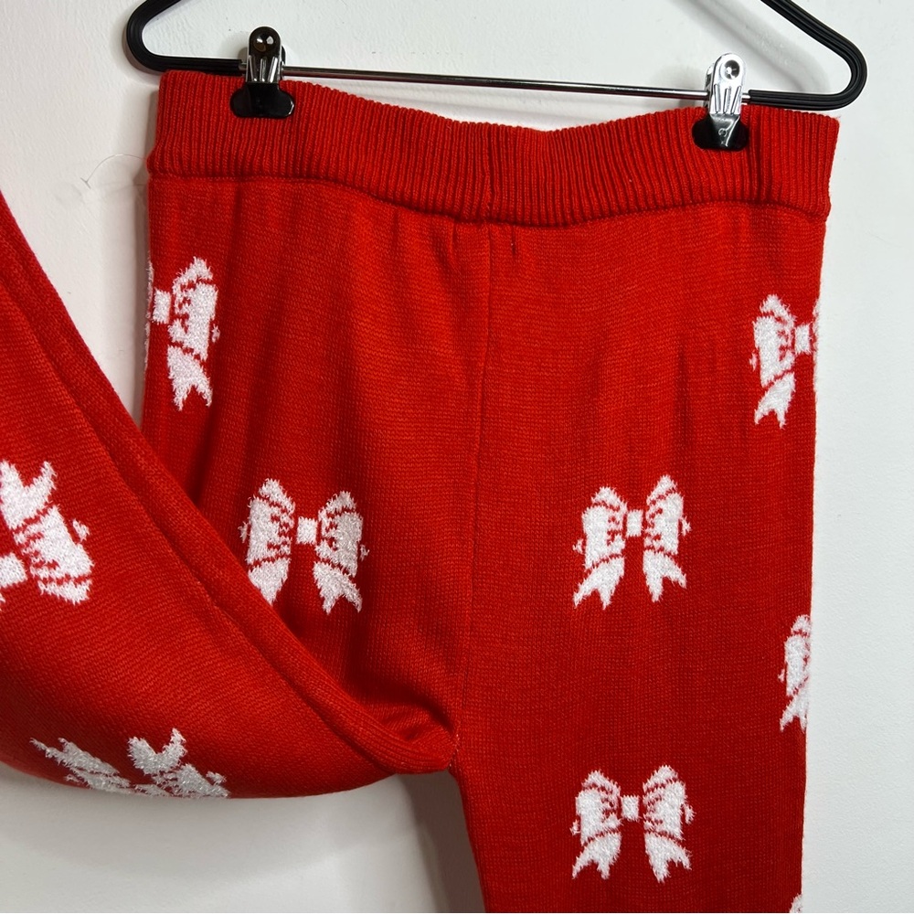 POOF! Merry Christmas Knit Bow Print Red Leggings NWOT Size L - Picture 7 of 11